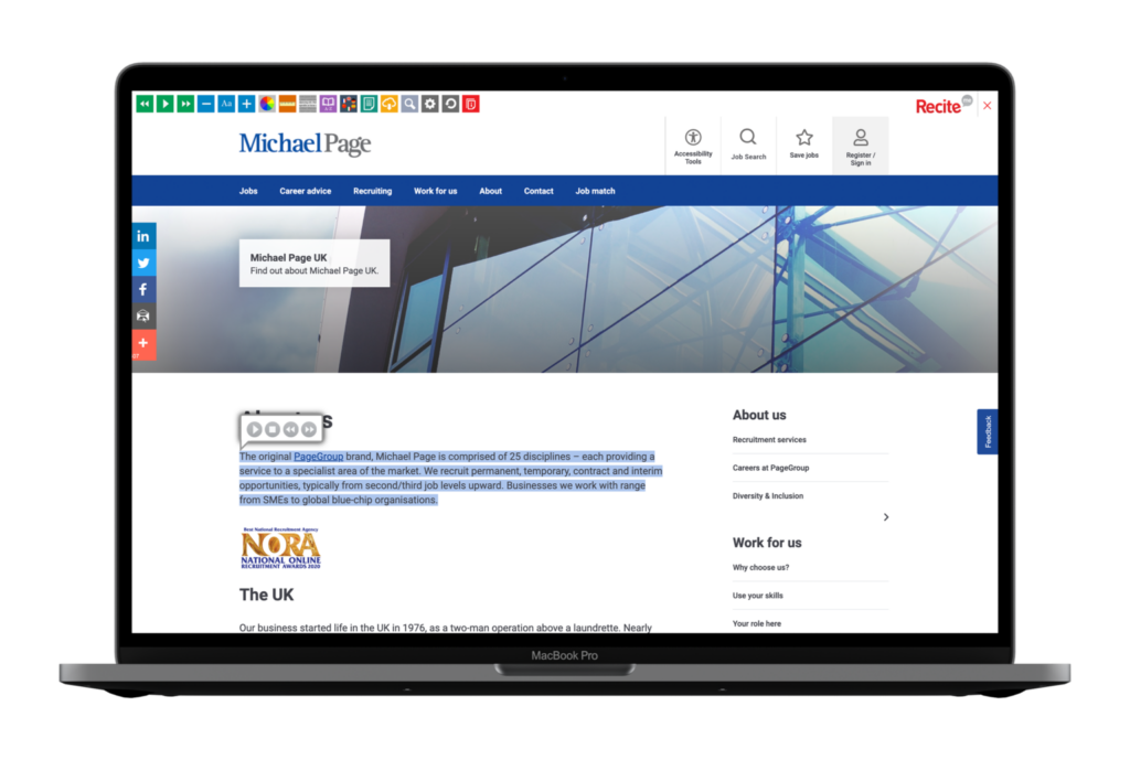 Mock-up of the Recite Me toolbar being used on the Michael Page website