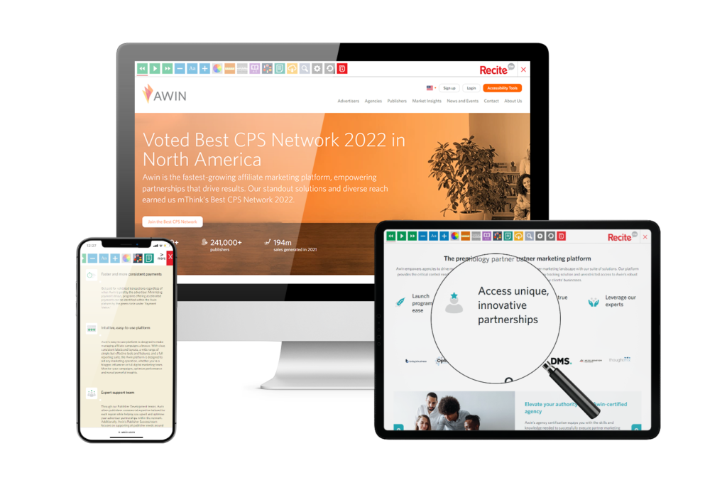 Desktop, mobile and tablet with Awin website using the Recite Me assistive toolbar