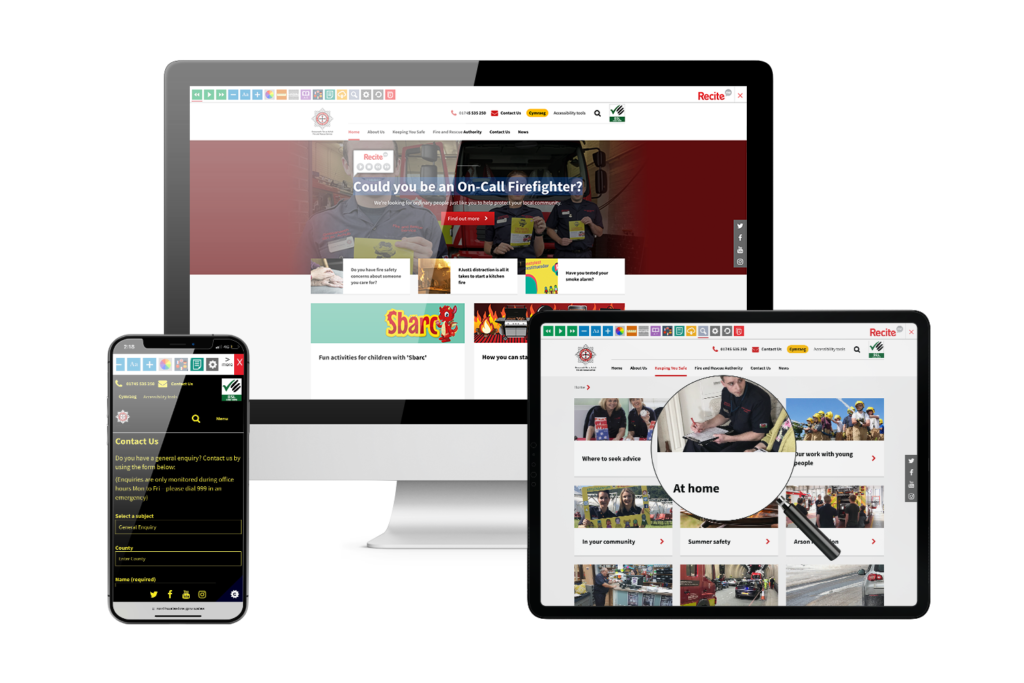 Desktop, mobile and tablet with North Wales Fire & Rescue website using the Recite Me assistive toolbar