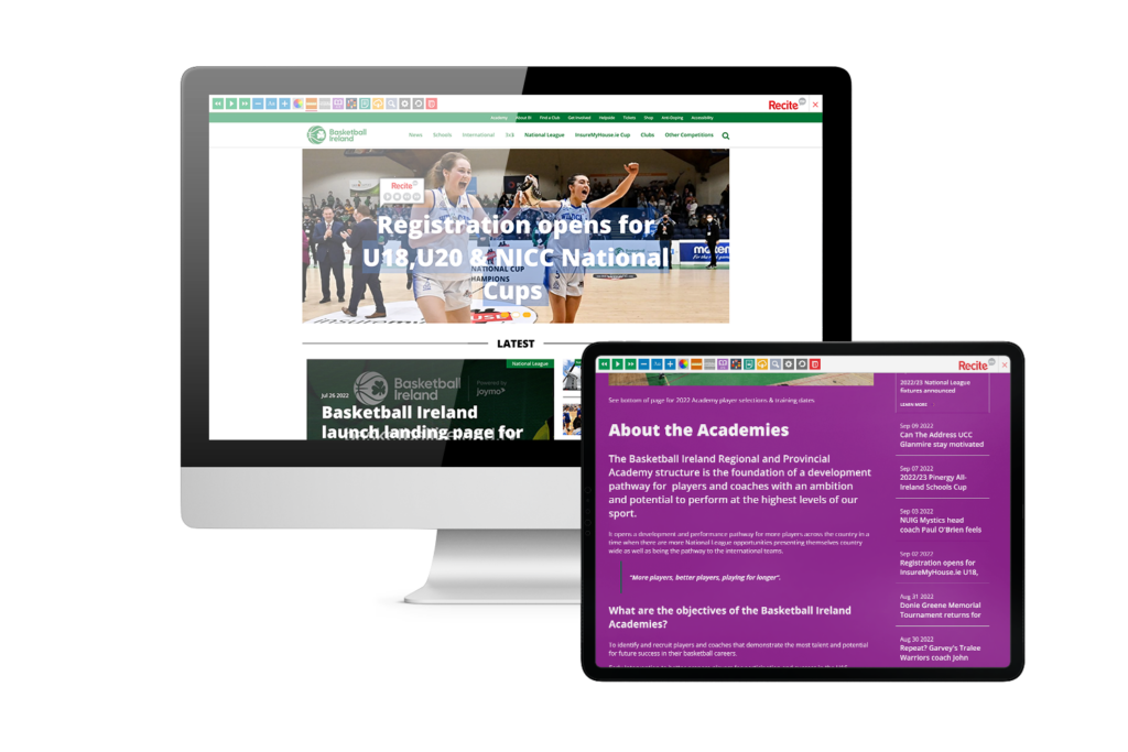 Basketball Ireland website on multiple devices with Recite Me on screen