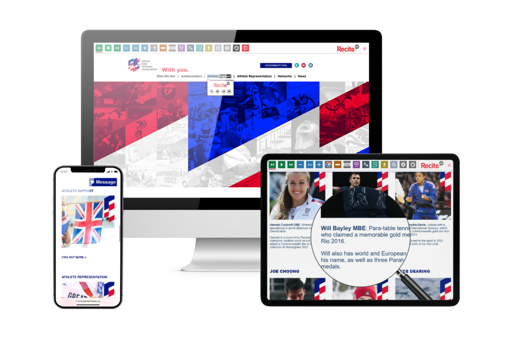 Mac, tablet and phone with the British Elite Athletes Association website open and the toolbar launched