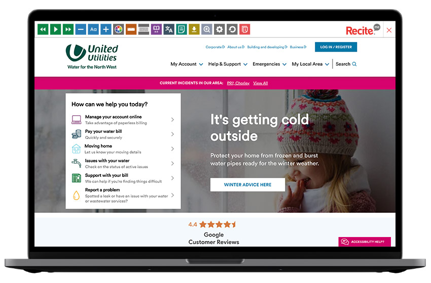 Mock-up of the Recite me toolbar being used on the United Utilities website