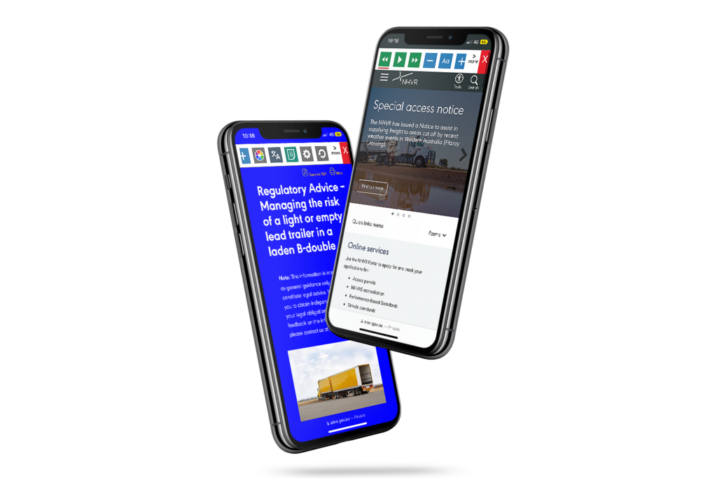 NHVR website open on a mobile with the Recite Me toolbar launched