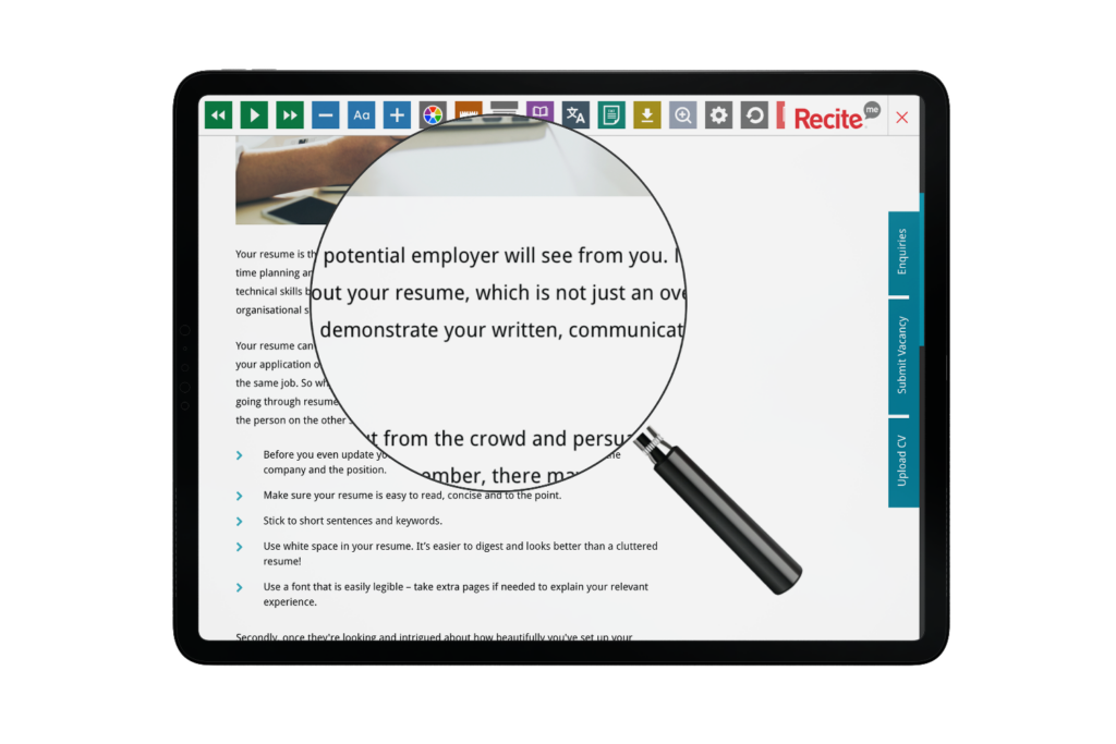 Peoplebank website with Recite Me technology onscreen
