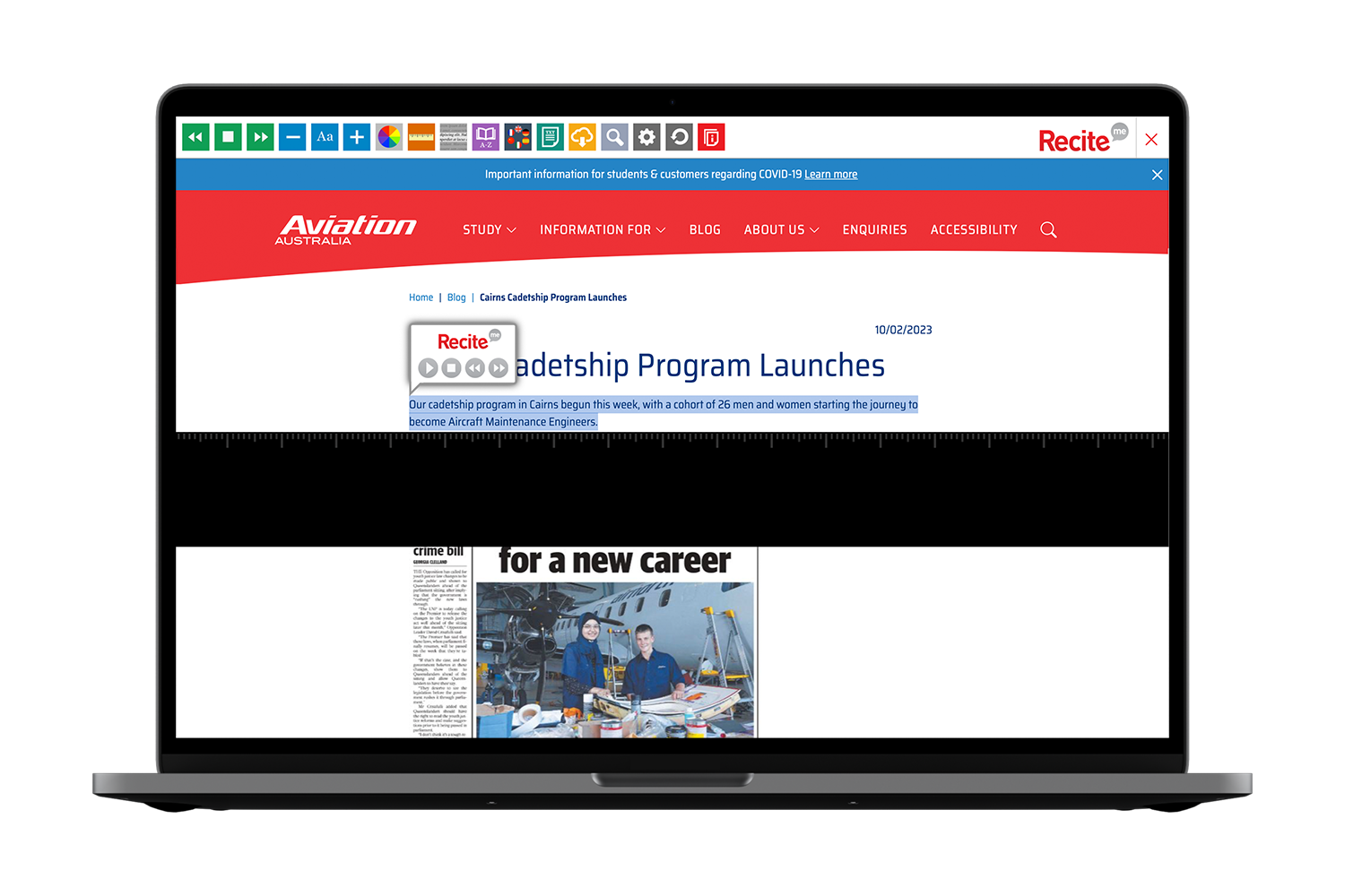 Aviation Australia website with Recite Me tools onscreen