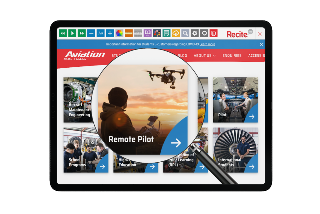 Aviation Australia Website with Recite Me technology being used onscreen