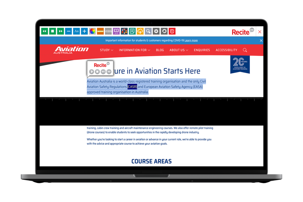 Aviation Australia website with Recite Me technology being used onscreen