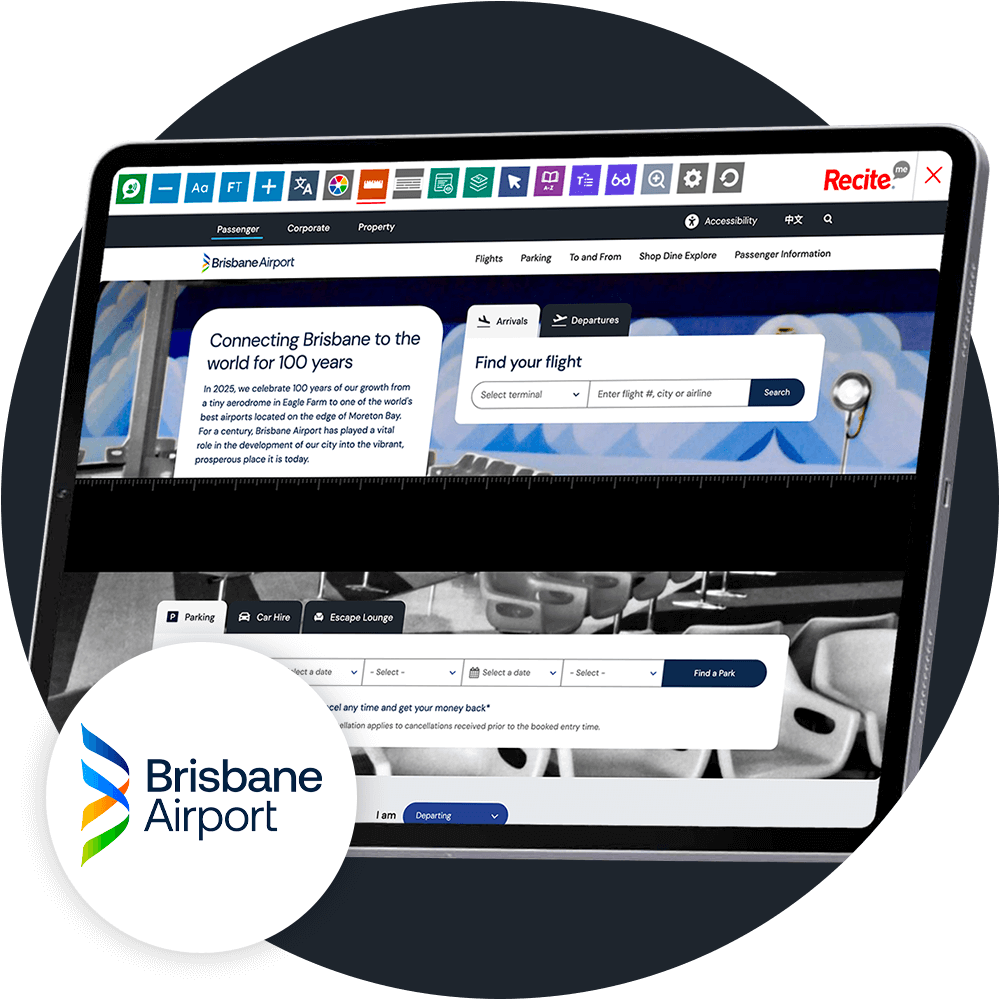Mock-up of the Recite Me Toolbar being used on the Brisbane Airport website.
