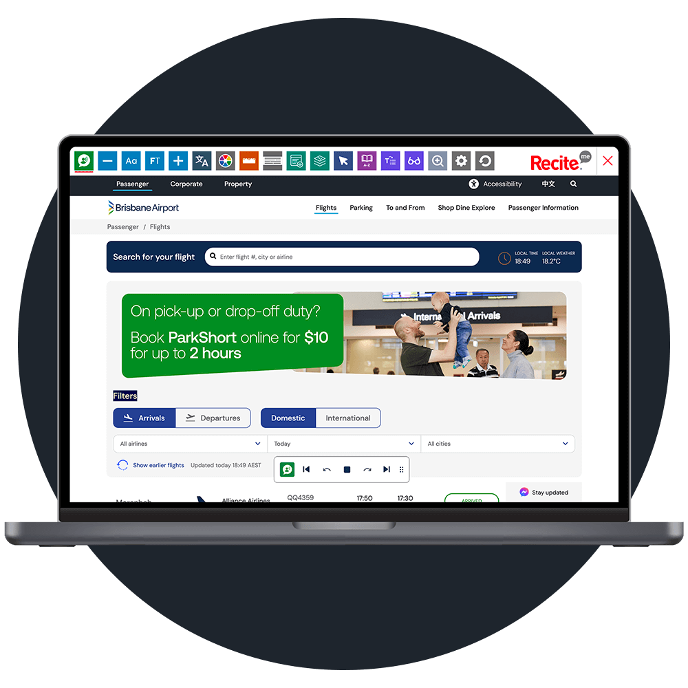 Mock-up of the Recite Me Toolbar being used on the Brisbane Airport website.