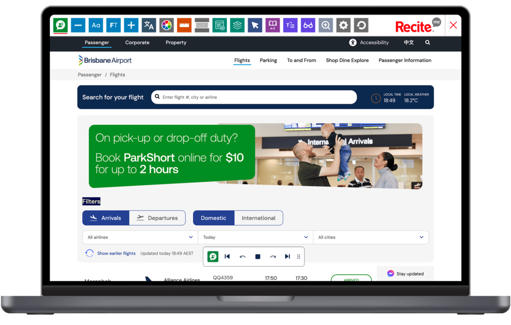 Mock-up of the Recite Me Toolbar being used on the Brisbane Airport website.