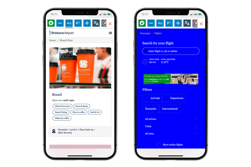 Mock-up of the Recite Me Toolbar being used on the Brisbane Airport website.