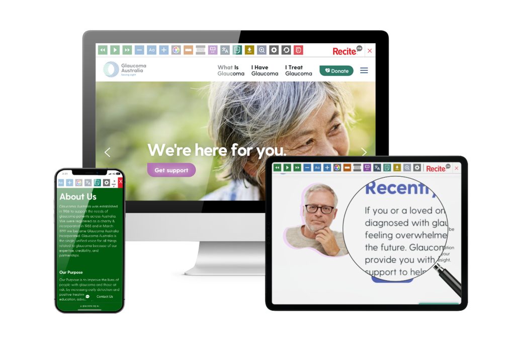 Glaucoma Australia website with Recite Me tools being used