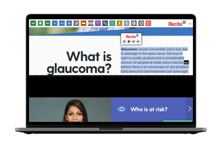 Glaucoma Australia website with Recite Me tools being used on screen