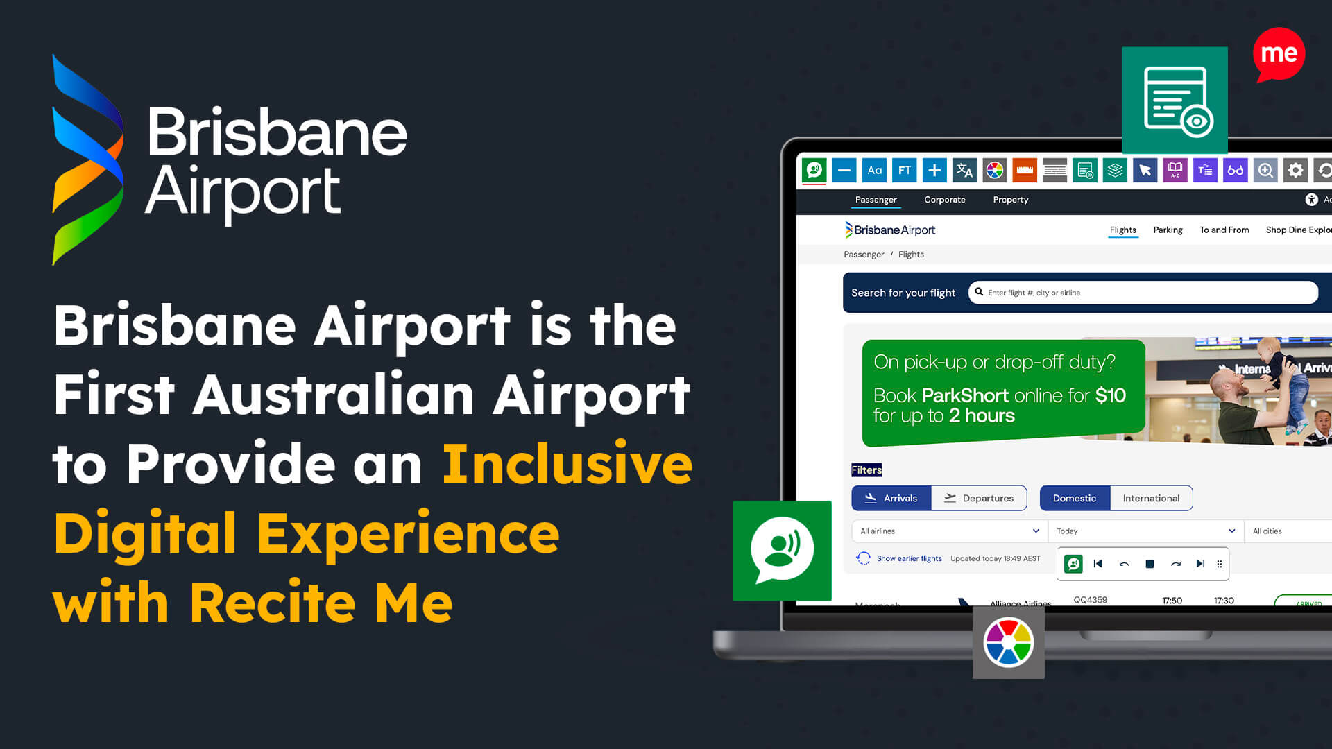Graphic reads: 'Brisbane Airport is the First Australian Airport to Provide an Inclusive Digital Experience with Recite Me.' Image shows a mock-up of the Recite Me toolbar being used.