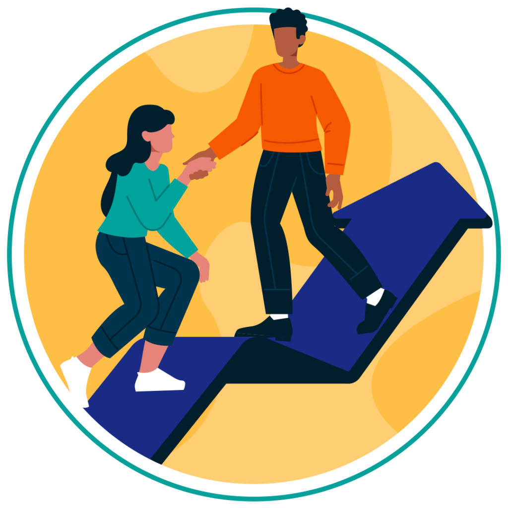 Animation of two people walking up an arrowing going up