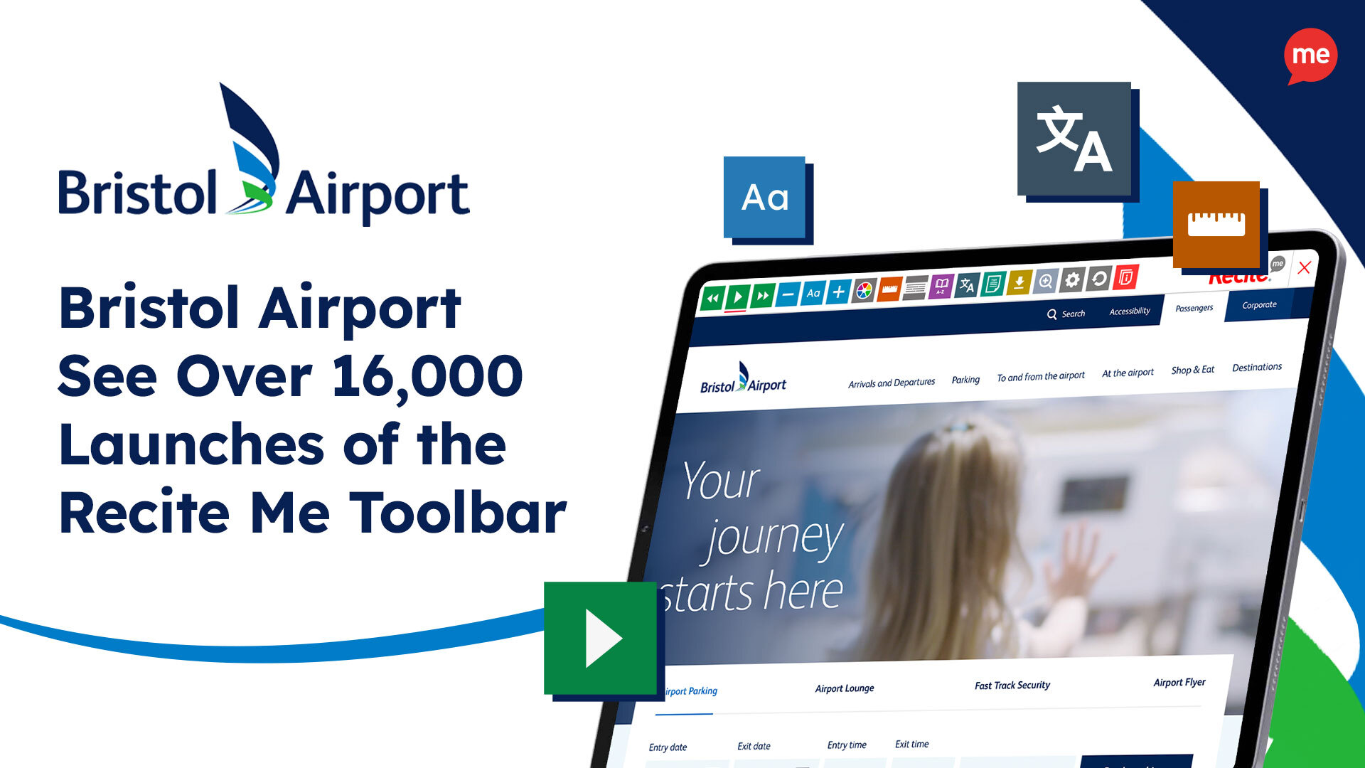 Bristol Airport See Over 16,000 Launches of the Recite Me Toolbar. MOck-up of the Recite Me toolbar being used on the Bristol Airport website