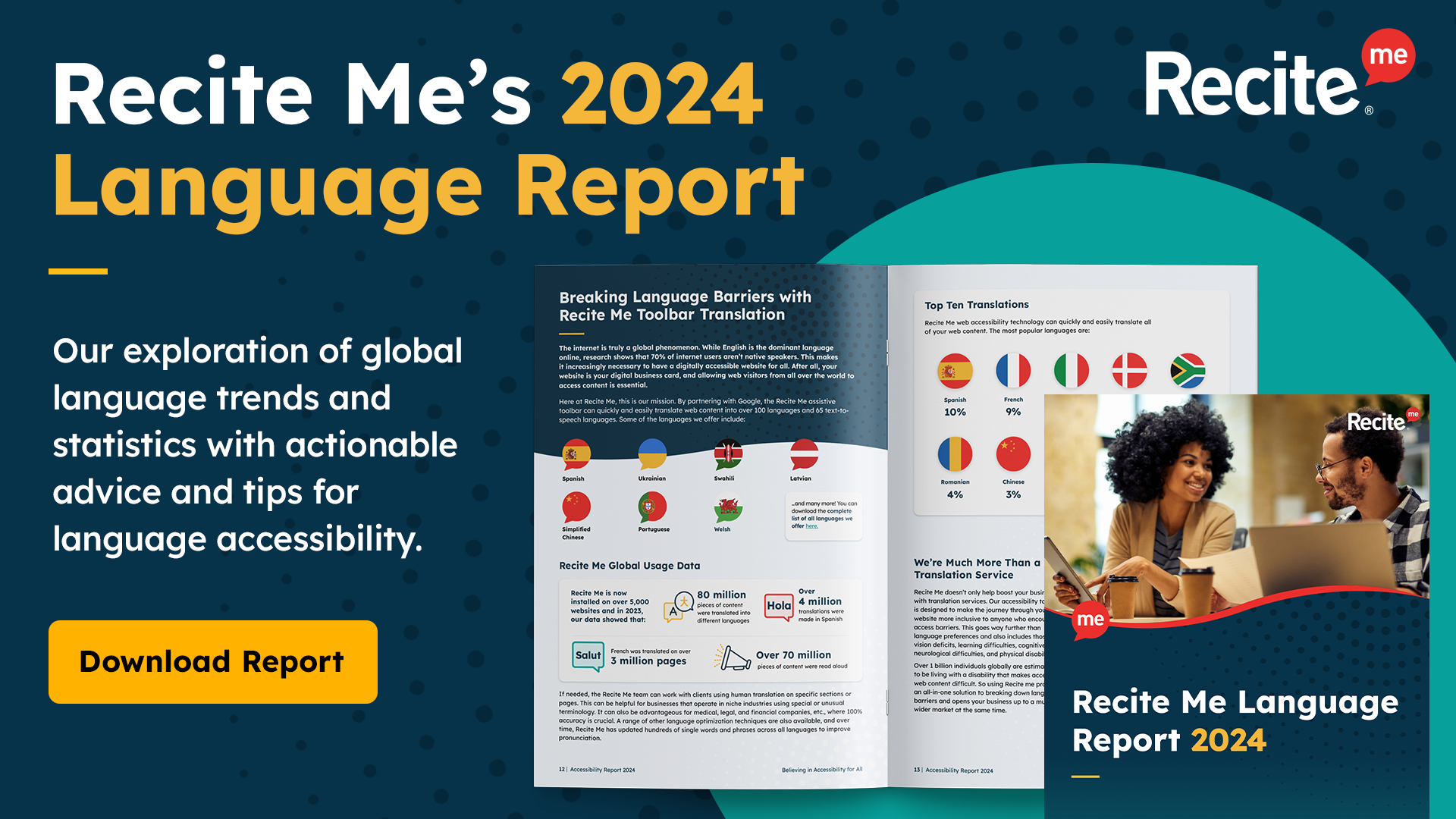 Recite Me's 2024 Language Report. Our exploration of global language trends and statistics with actionable advice and tips for language accessibility. Mock-up of Recite Me's language report.