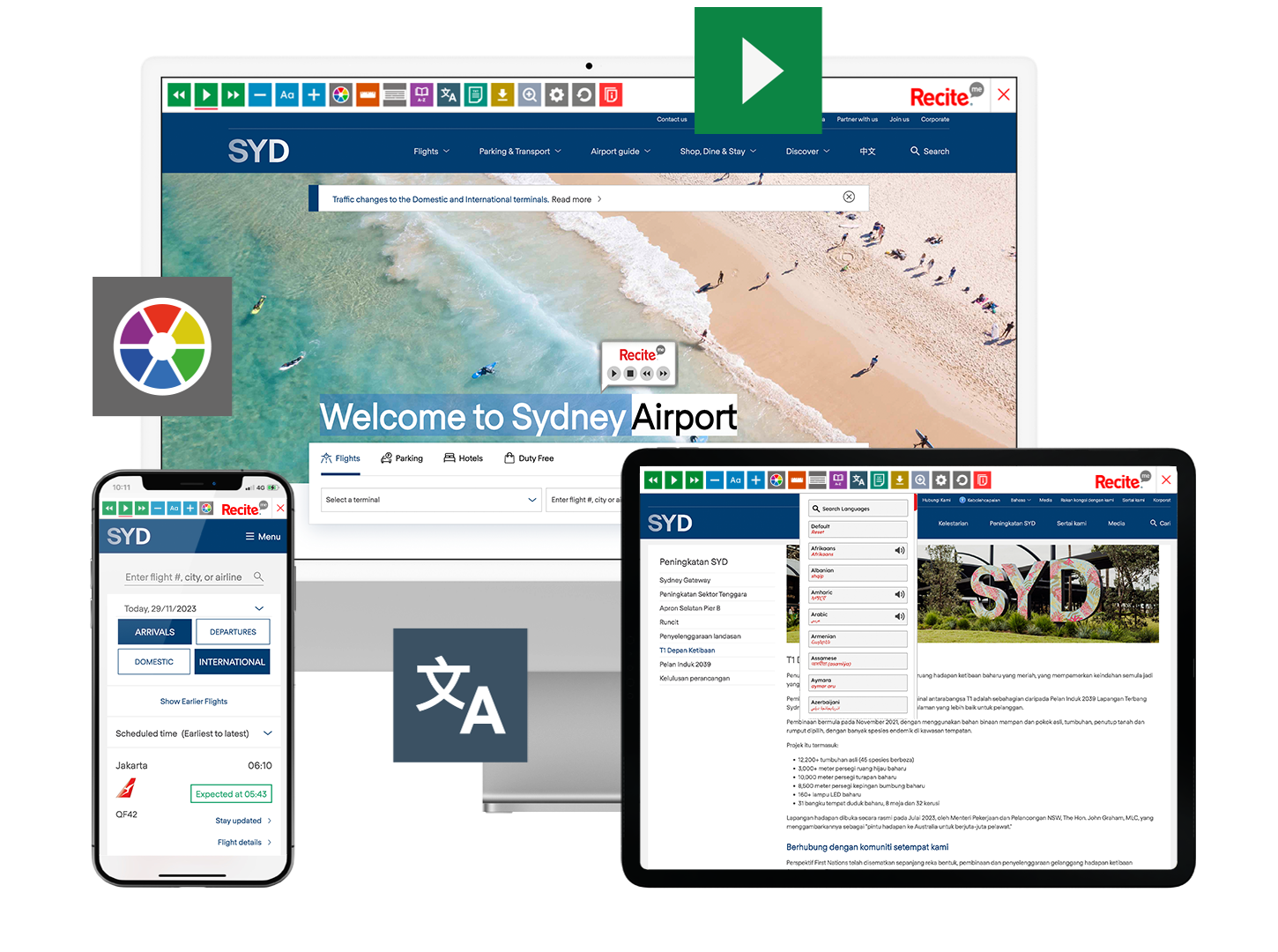 Mock-up of the Recite Me toolbar being used on the Sydney Airport website