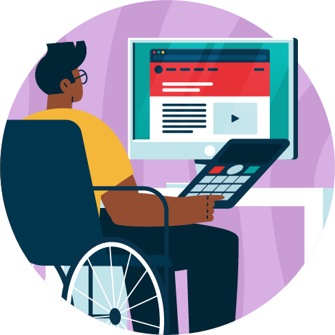 Cartoon of a person in a wheelchair using a computer