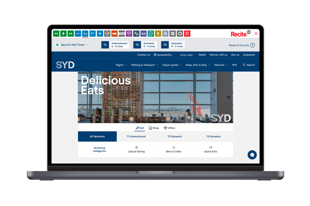 Mock-up of the Recite Me toolbar being used on the Sydney Airport website.