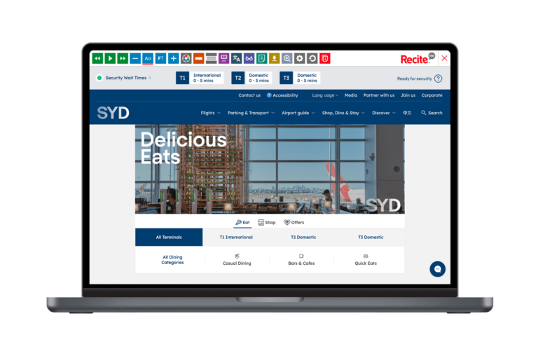 Mock-up of the Recite Me toolbar being used on the Sydney Airport website.