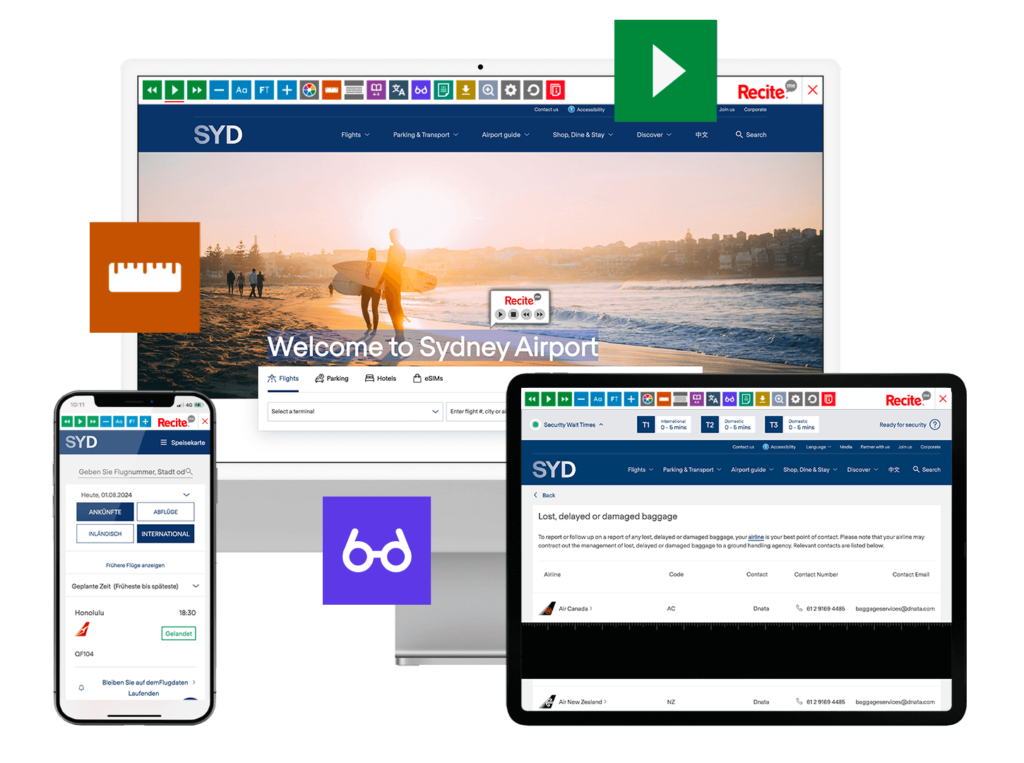 Mock-up of the Recite Me toolbar being used on the Sydney Airport website.
