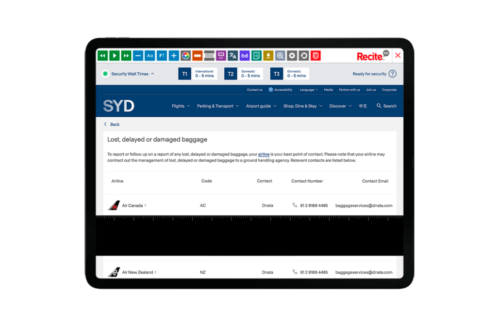 Mock-up of the Recite Me toolbar being used on the Sydney Airport website.