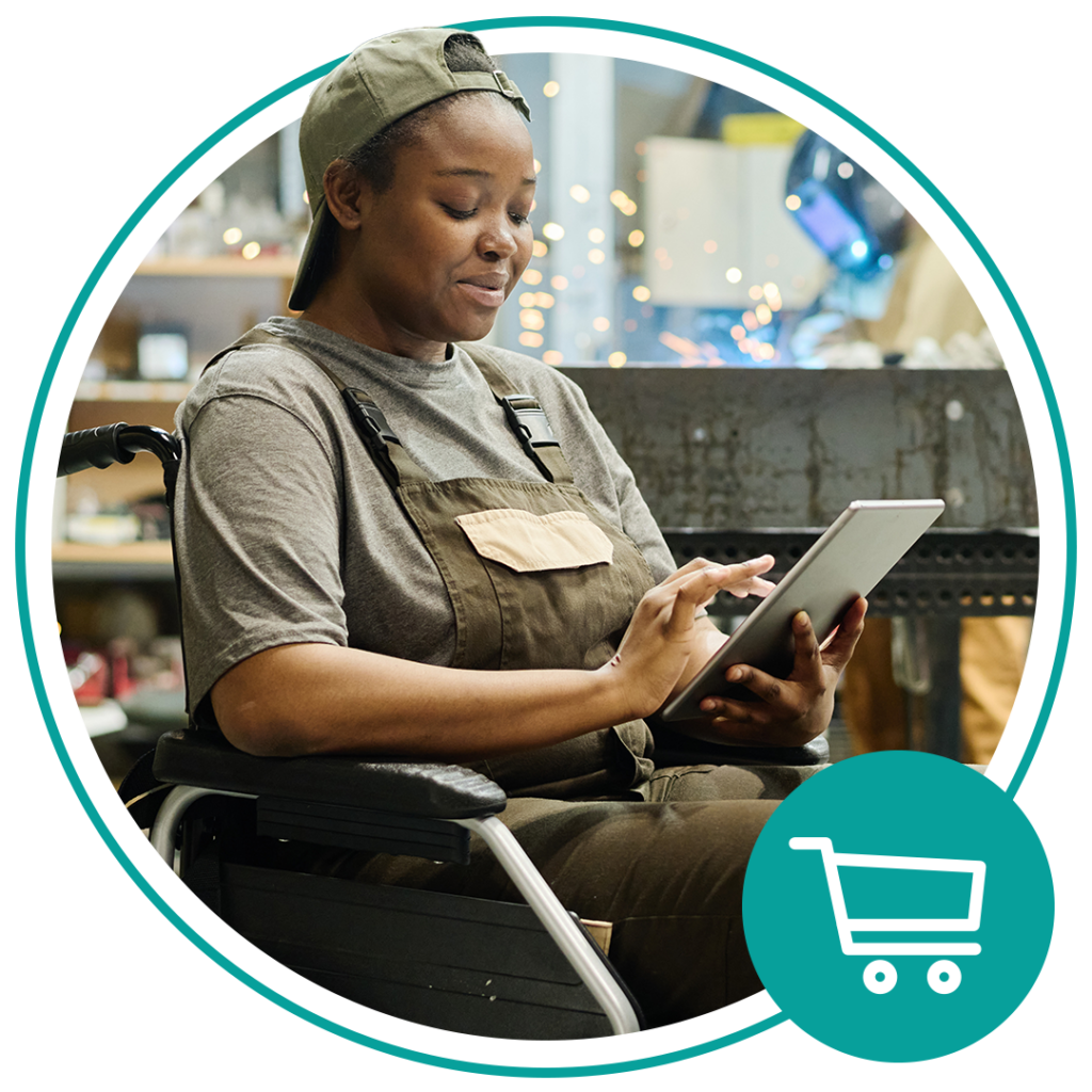 disabled worker sitting down using a tablet device