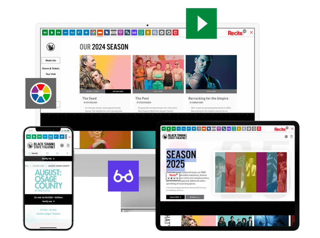Mock-up of the Recite Me toolbar being used on the Black Swan Theatre Company website.