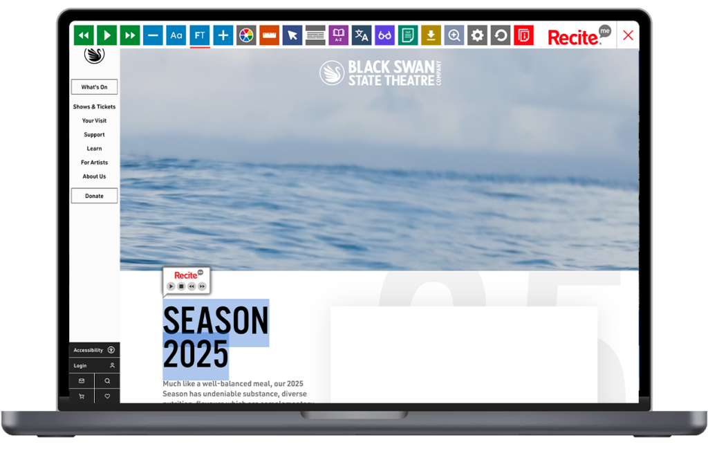 Mock-up of the Recite Me toolbar being used on the Black Swan Theatre website