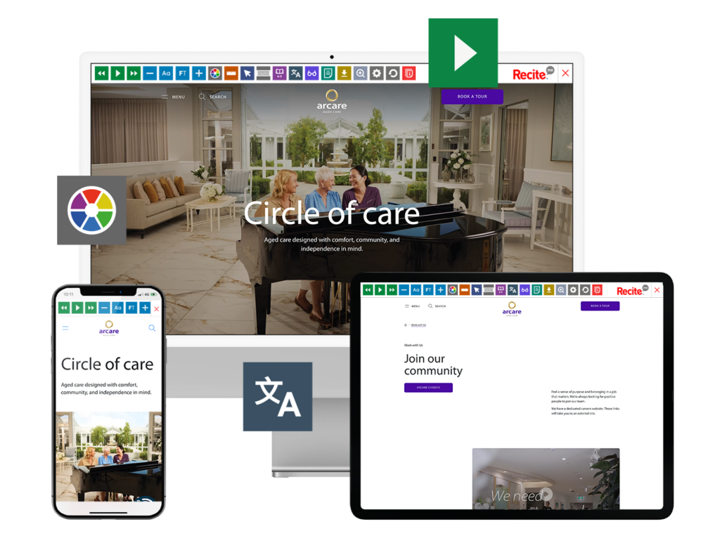 Mock-up of the Recite Me Toolbar being used on the Arcare website.