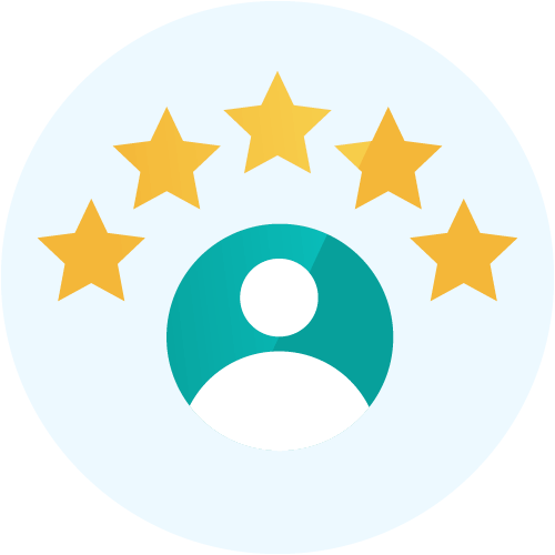 Icon with a person in centre with 5 stars above head.
