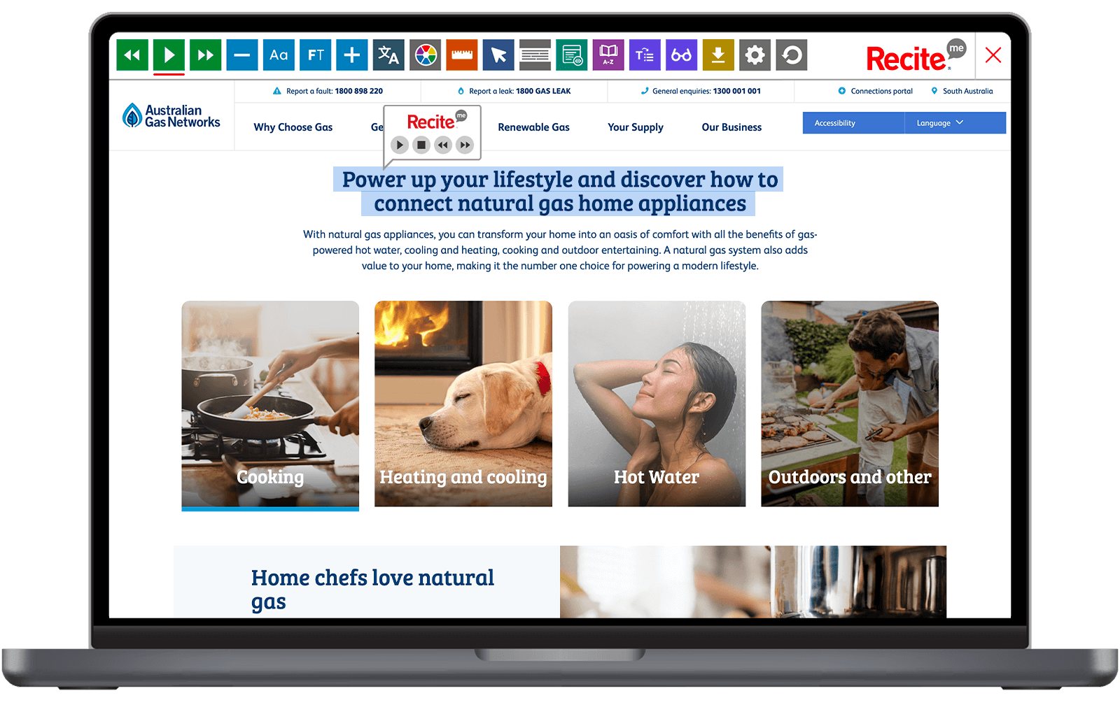 Mock-up of the Recite Me Toolbar being used on the AGIG website.