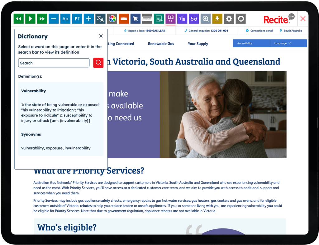 Mock-up of the Recite Me Toolbar being used on the AGIG website.