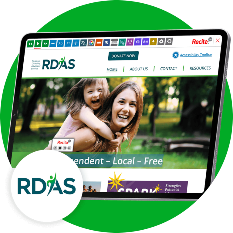 Mock-up of the Recite Me Toolbar being used on the RDAS website.
