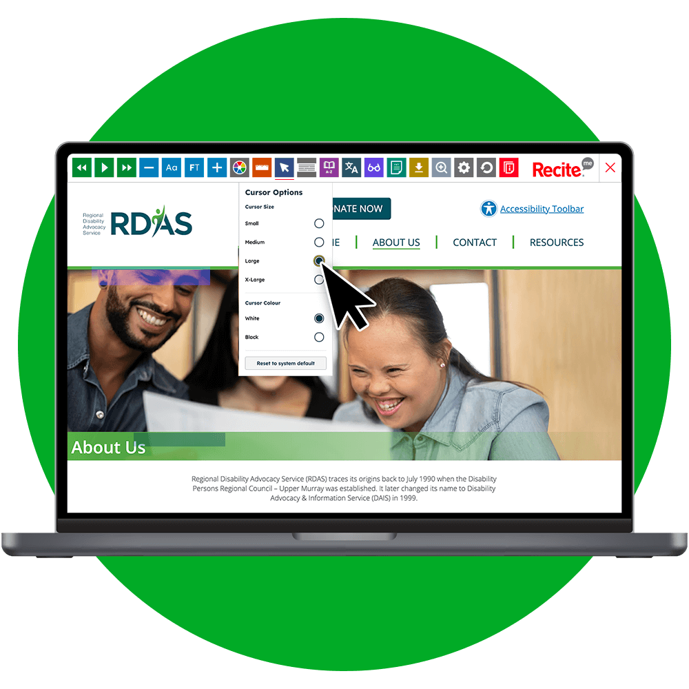 Mock-up of the Recite Me Toolbar being used on the RDAS website.