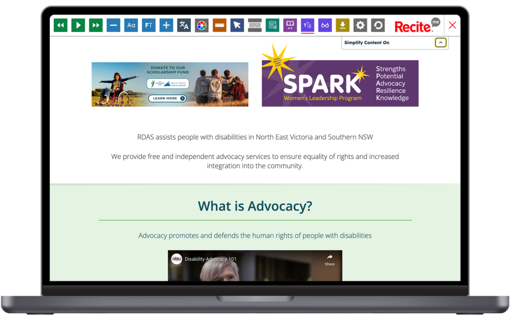 Mock-up of the Recite Me Toolbar being used on the RDAS website.