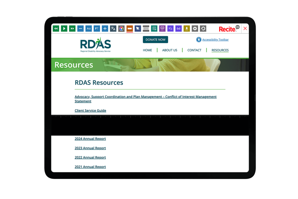 Mock-up of the Recite Me Toolbar being used on the RDAS website.
