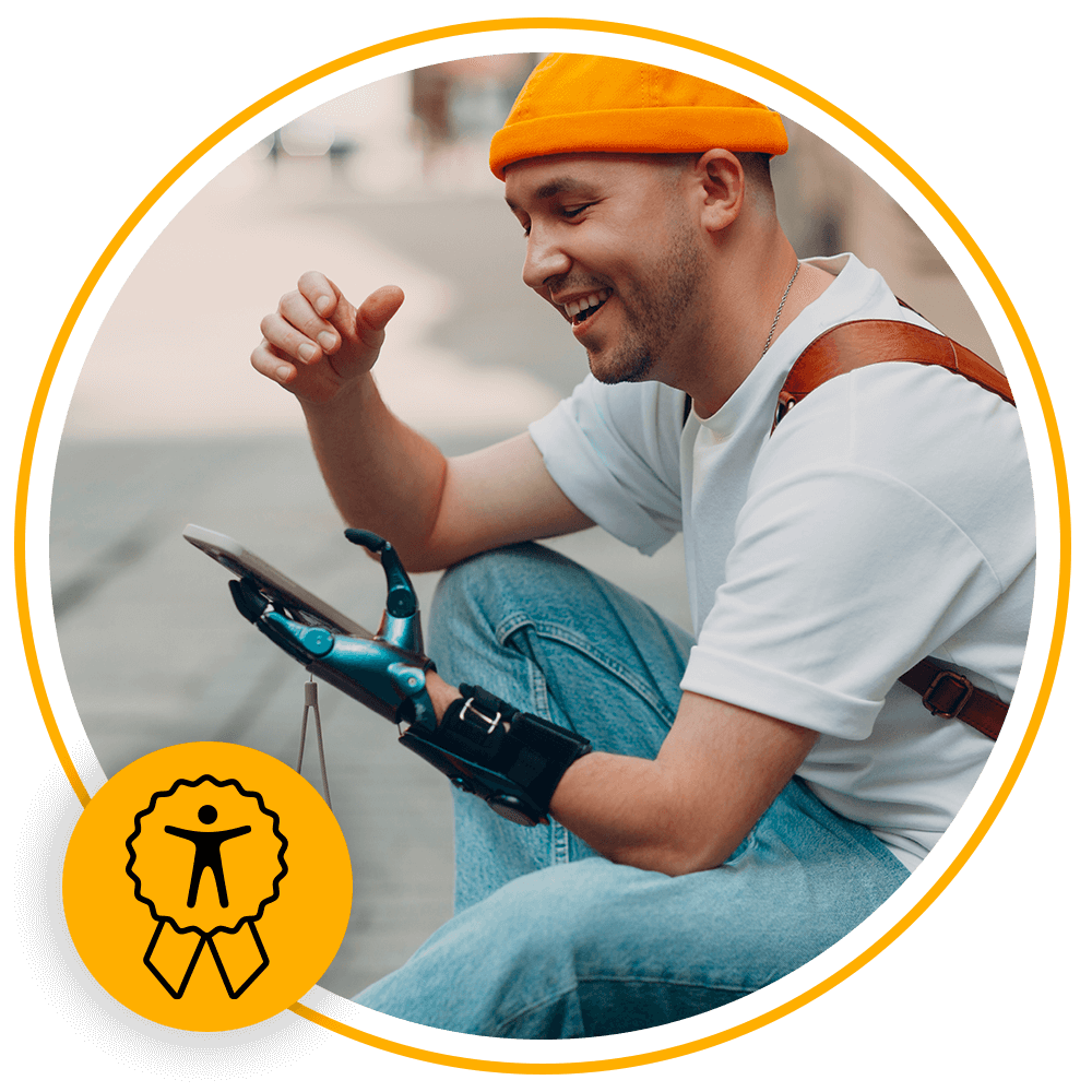 man using tablet smiling
