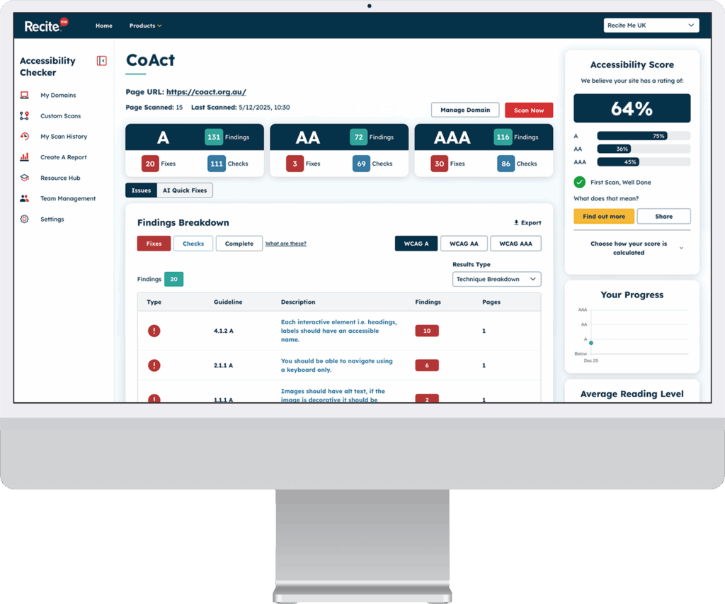 Mock-up of the Recite Me Checker Tool being used.