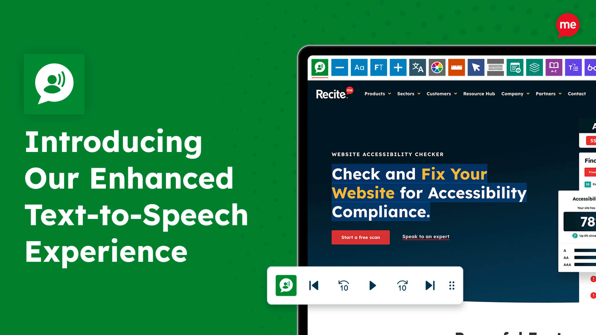 Graphic text reads: 'Introducing our enhanced text-to-speech experience'. Image shows mock-up of new text to speech being used.