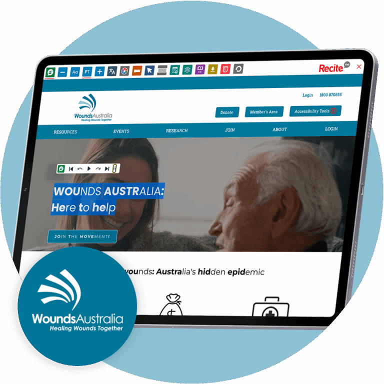 Wounds Australia website and toolbar open on a tablet, alongside their logo