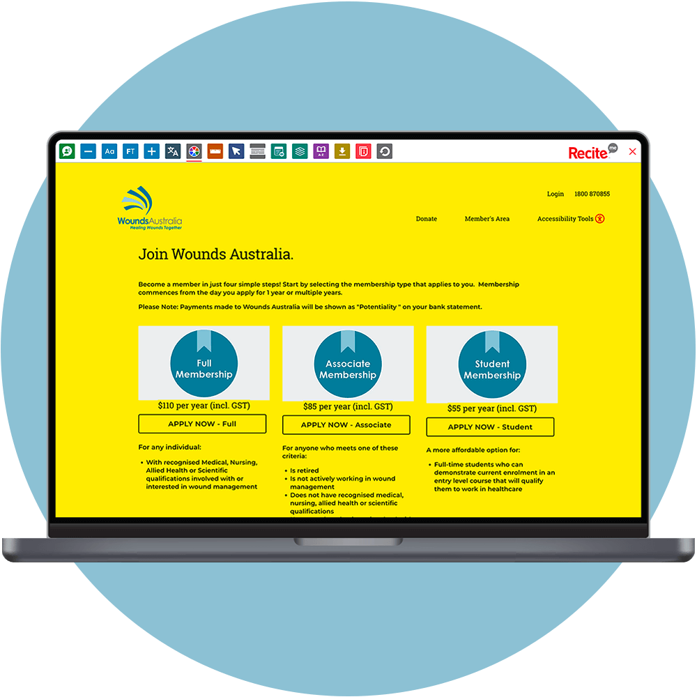 Mock-up of the Recite Me Toolbar on the Wounds Australia site