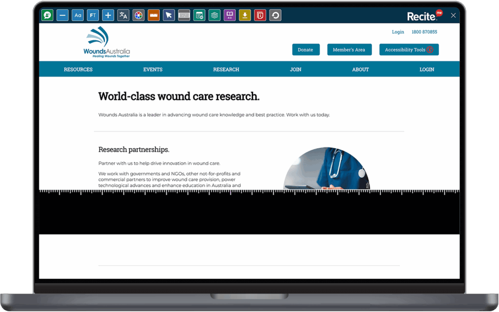 Mock-up of the Recite Me Toolbar on the Wounds Australia site