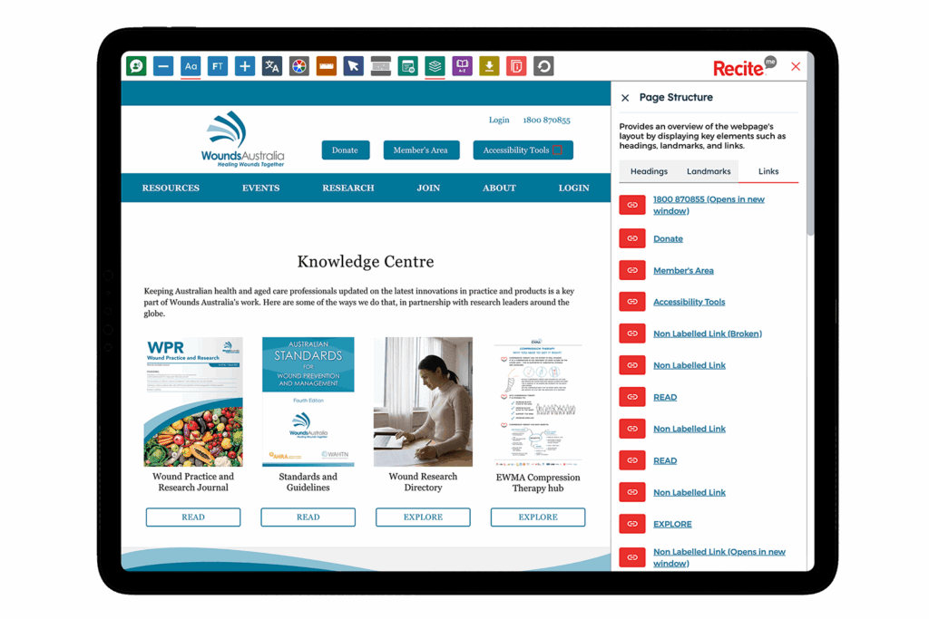 Mock-up of the Recite Me Toolbar on the Wounds Australia site