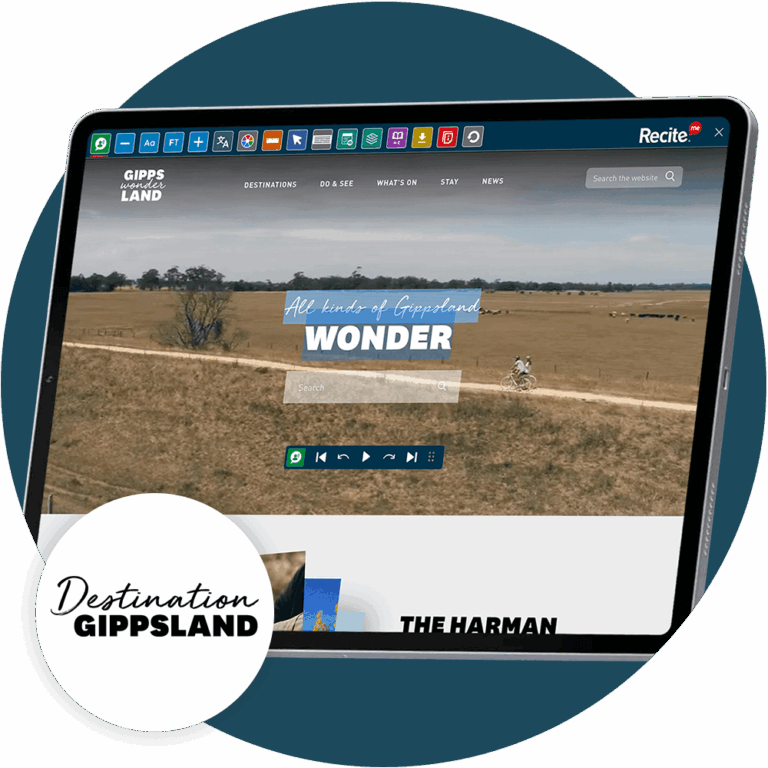 Tablet displaying the Destination Gippsland tourism website homepage with the Recite Me accessibility toolbar across the top.
