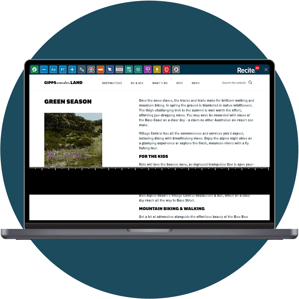 Laptop displaying the Destination Gippsland website “Green Season” page, with the Recite Me Toolbar launched and the Ruler tool being used.
