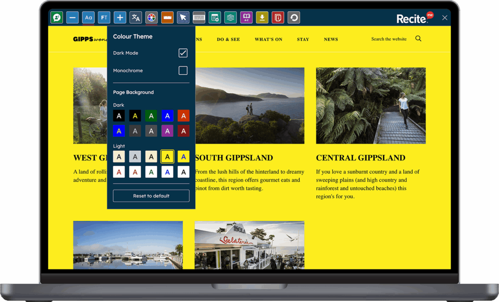 Laptop displaying the Gippsland tourism website with the Recite Me accessibility toolbar open, showing colour theme options and a bright yellow page featuring destination images and navigation.