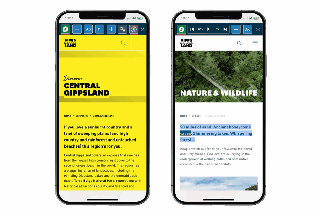 Two smartphones showing the Gippsland tourism website with the Recite Me accessibility toolbar enabled; one screen highlights Central Gippsland content, while the other shows a Nature and Wildlife page with text selection tools.