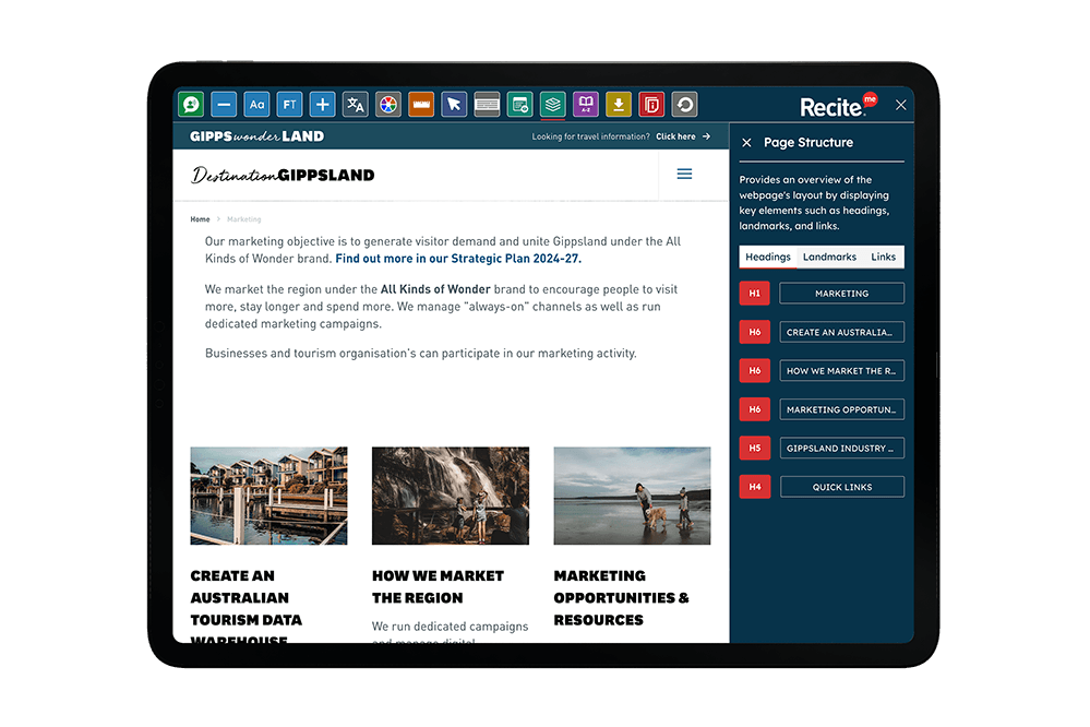 Tablet displaying the Gippsland tourism website with the Recite Me toolbar open to the page structure panel, showing headings and navigation elements alongside destination content and images.